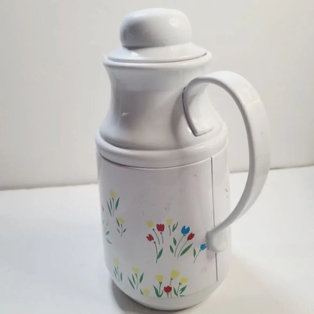 Vintage 80s Phoenix Insulated Thermal Carafate White Floral Tulip with Lid